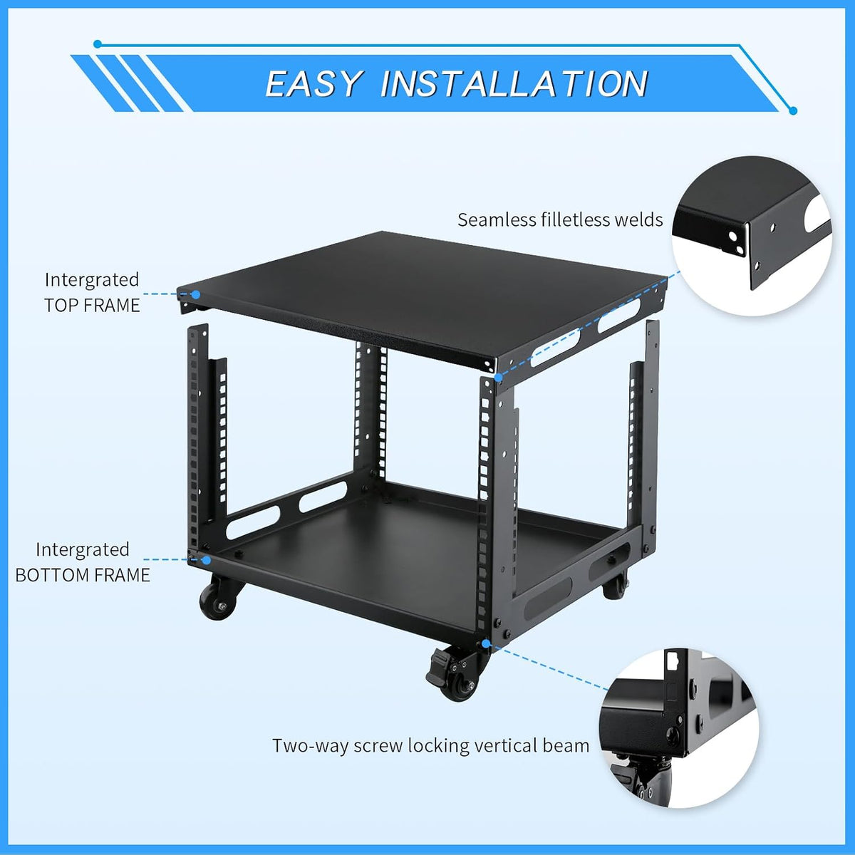 6U Open Frame Server Rack with Wheels Free Standing Network Server Rack for S...