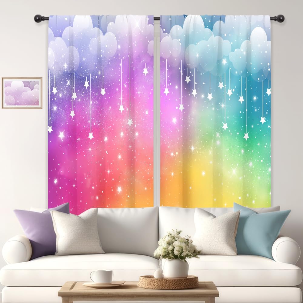 Colorful Rainbow Cloudy Aesthetic Stars Living Room Bedroom Window Curtains | 42"W x 63"L Girly Kids; colorfast print, 2 panels, rod pocket, easy to install,easy-care and washable.
