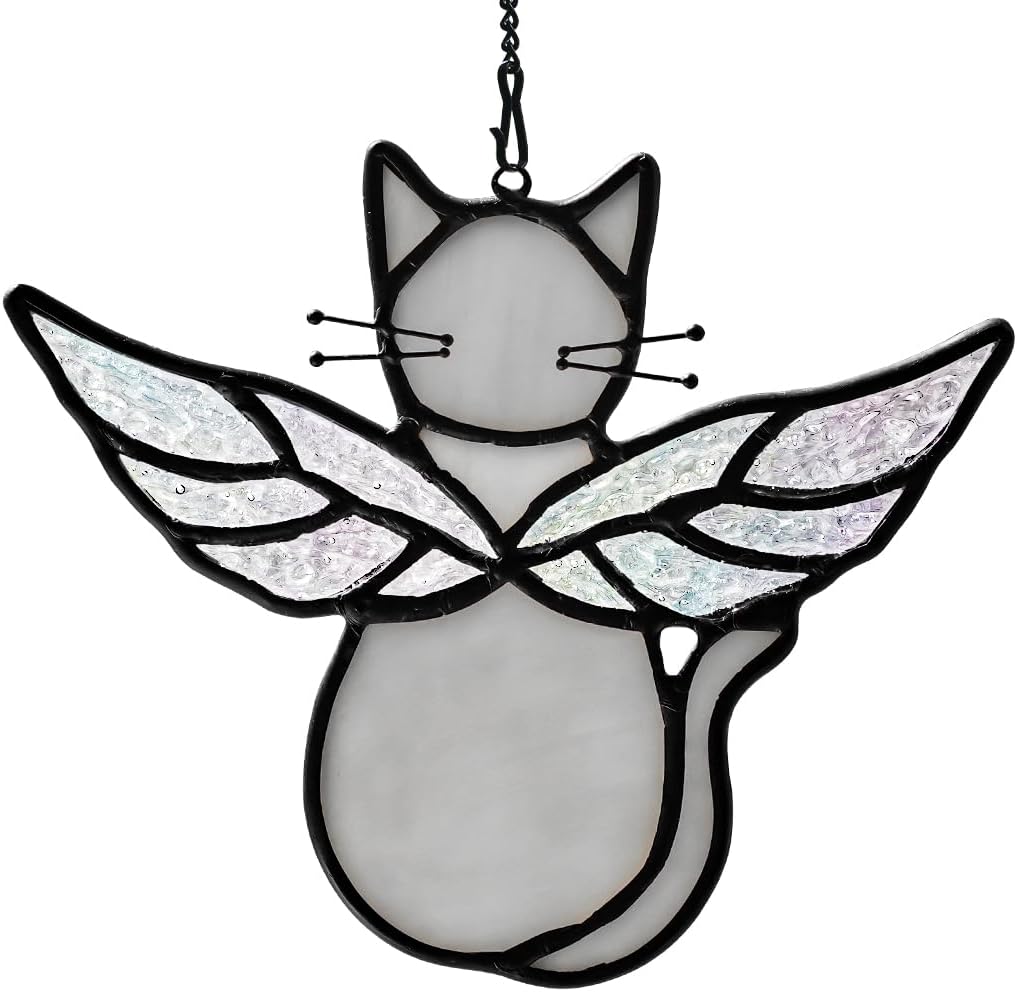 Gray Cat Gifts for Cat Lovers Stained Glass Suncatcher for Window | Angel Cat Memorial Gifts Stained Glass Window Hangings,Loss of Cat Memorial Gifts for Women,Mother,Friend, Grandma,Christmas
