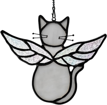 Gray Cat Gifts for Cat Lovers Stained Glass Suncatcher for Window | Angel Cat Memorial Gifts Stained Glass Window Hangings,Loss of Cat Memorial Gifts for Women,Mother,Friend, Grandma,Christmas