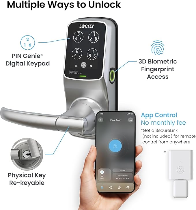 Lockly Secure Plus Smart Lock Bluetooth, 3D Biometric Fingerprint Sensor Front - Image 3