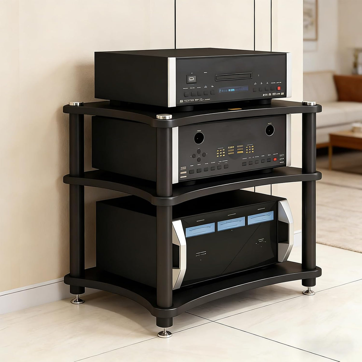 Heavy Duty 3-Tier AV Media Stand, 264 lb Load Capacity, Black