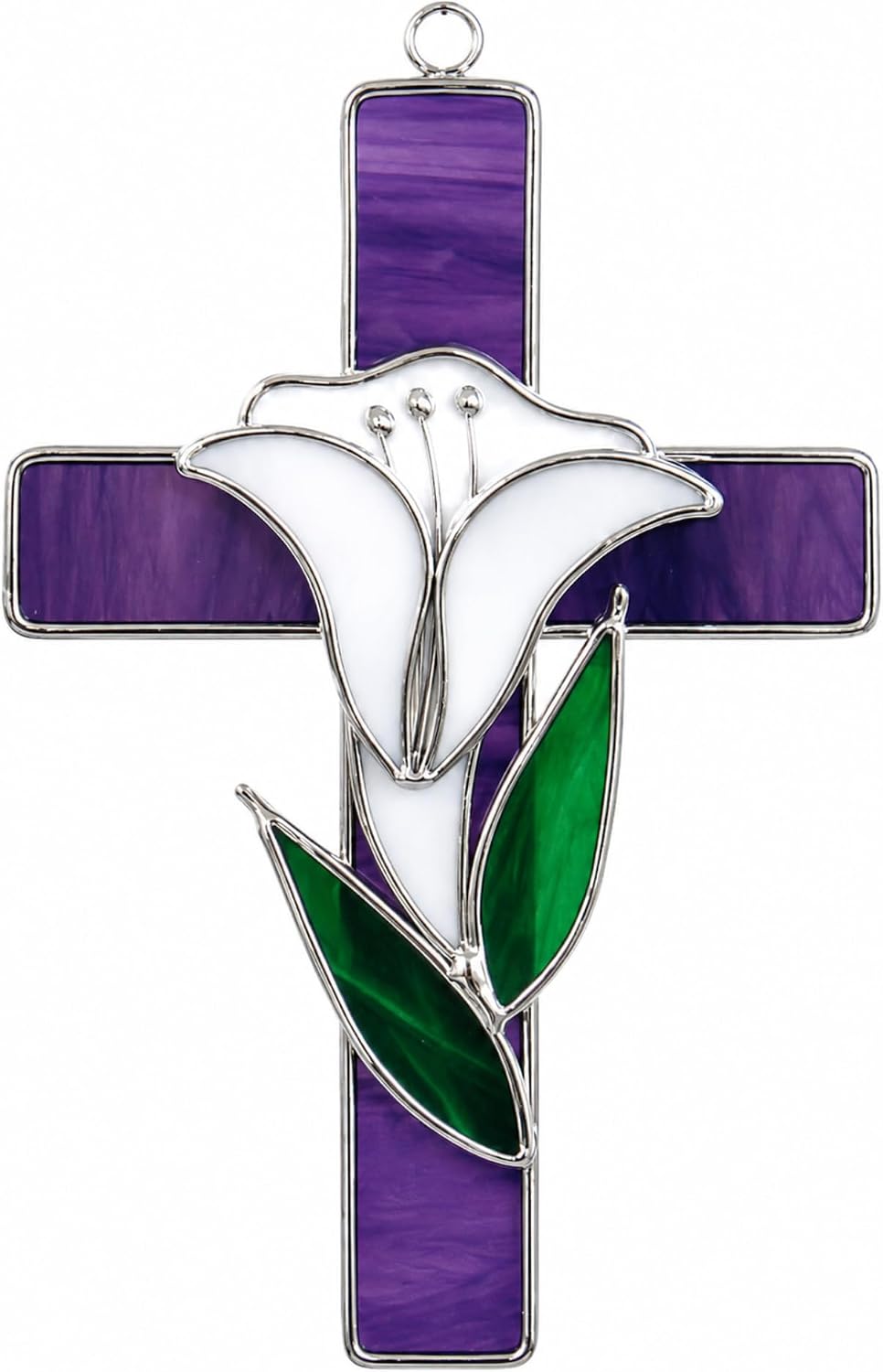 SassyXpressions Stained Glass Cross with Lily – 9x5inch – Handcrafted Window Hanging Christian Cross – Decorative Home Décor, Prayer Room Ornament – Religious Keepsake, Faith-Inspired Christian Gift