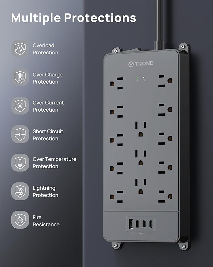 TROND 360° Rotating Flat Plug, Surge Protector Power Strip, 13AC Widely Spaced - Image 8