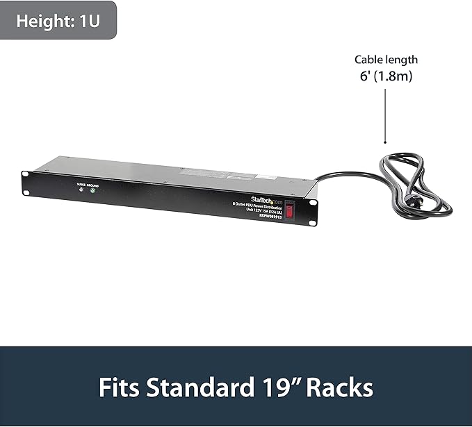 StarTech.com 8 Outlet Horizontal 1U Rack Mount PDU Power Strip - Image 2