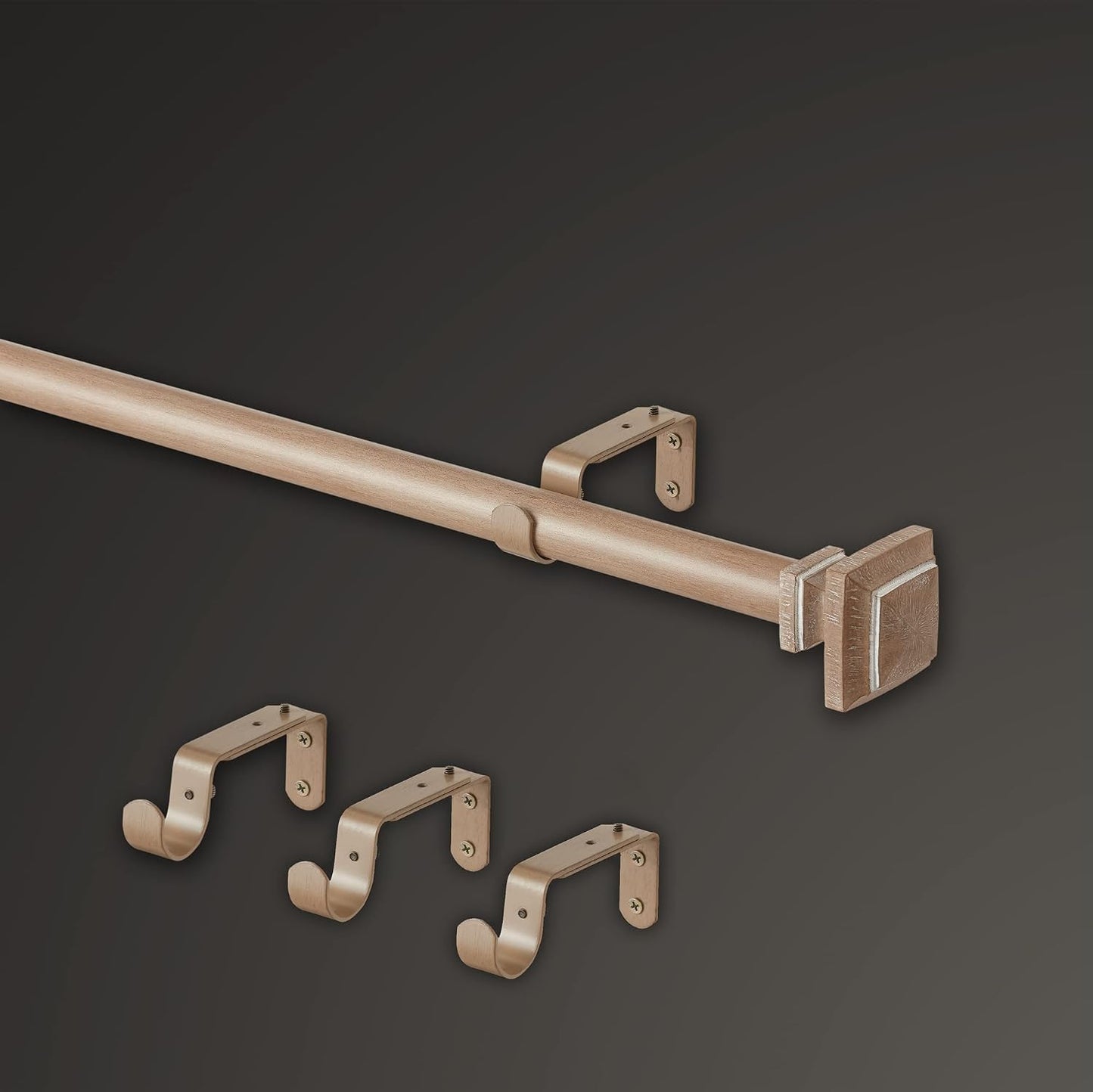MODE Farmhouse Oak Curtain Rod, Square Finial - 76" to 144" | Strong 1-1/8" diameter adjustable steel rod and brackets, Easy to Install, Mounting Hardware Included, Supports up to 22 lb