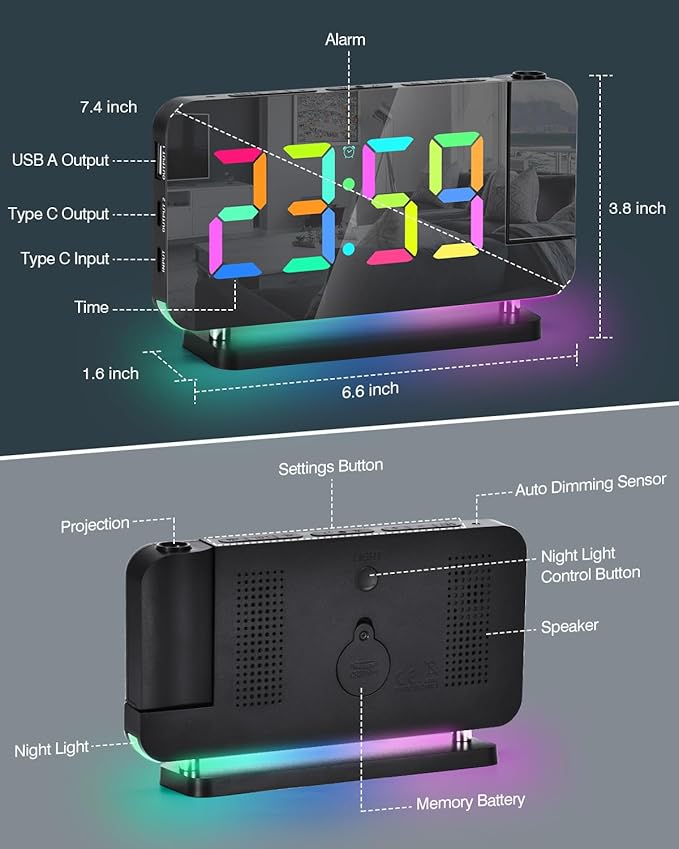 SZELAM Projection Alarm Clock, 7.4 in Digital Mirror Clocks, - Image 9
