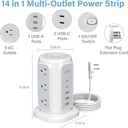 AiJoy Flat Plug Power Strip Tower 9 Outlets and 5 USB Ports, 1200J Surge - Image 2