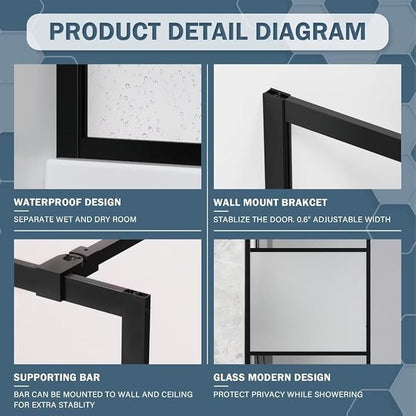 Goodyo Shower Door 34“ X 72” Fixed Frost Tempered Glass Shower Screen Panel - Image 5