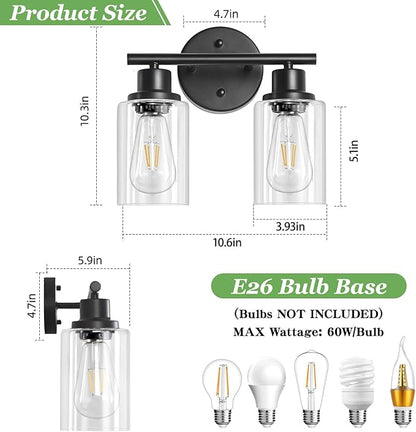 Guliaofo 2-Light Black Bathroom Light Fixtures, E26 Modern Vanity Lights - Image 2
