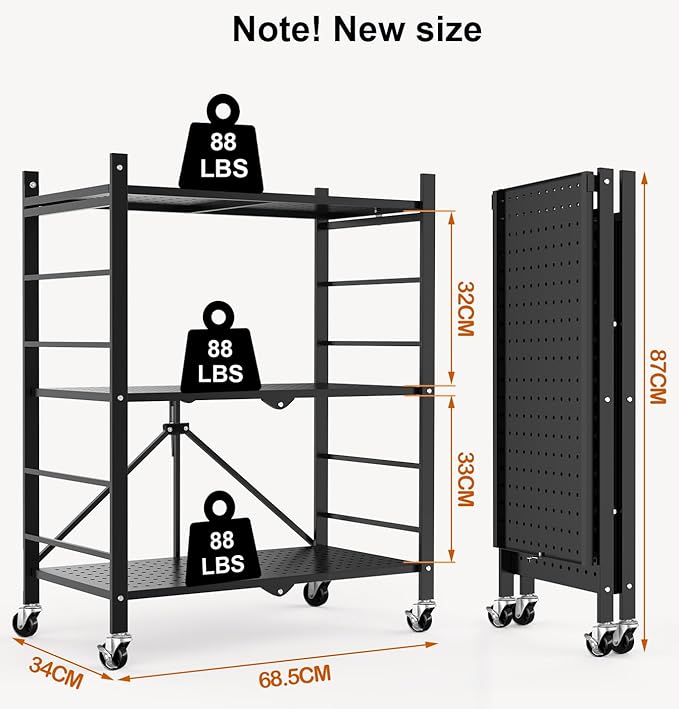 Himix Storage Shelves with 6 Hooks, 3 Tier Foldable Shelf with Wheels, Metal - Image 3