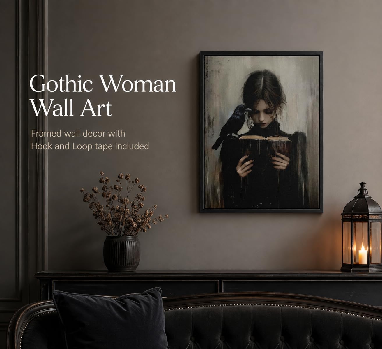 Framed Dark Academia Wall Art Gothic Girl Reading Wall Decor 8x10 Inch | Victorian Woman Wall Decor,Gothic Raven Picture Artwork for Library Corner Bedroom Dorm Study Home Decoration
