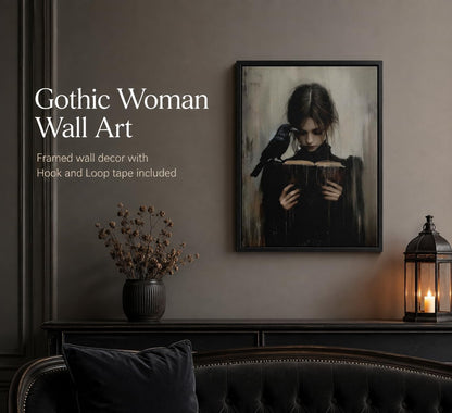 Framed Dark Academia Wall Art Gothic Girl Reading Wall Decor 8x10 Inch | Victorian Woman Wall Decor,Gothic Raven Picture Artwork for Library Corner Bedroom Dorm Study Home Decoration