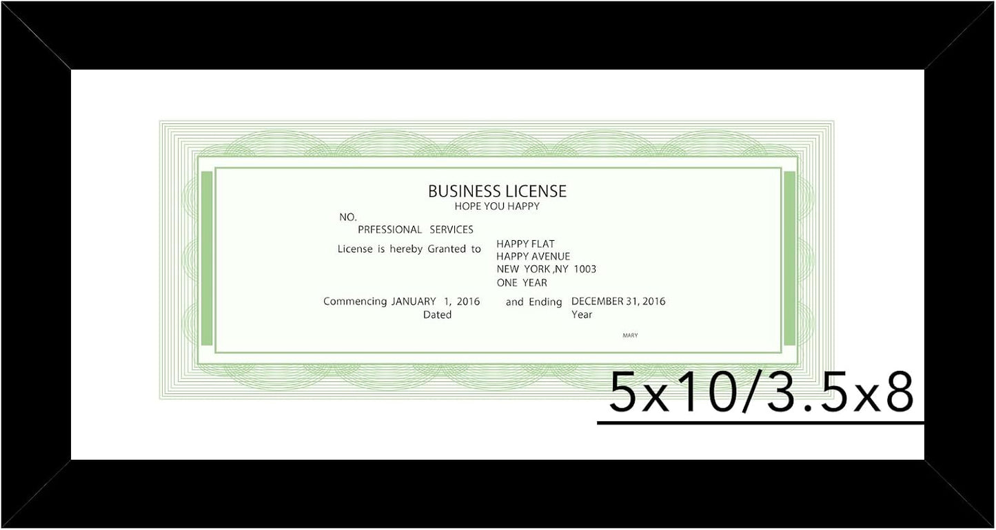 JCJMY 5x10 Business License Frame Black for 3.5x8 Standard Business License with Mat or 5 x 10 Picture without Mat, 5x10 Frame with Shatter Resistant Plexiglass for Wall Hanging or Tabletop, Black