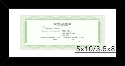 JCJMY 5x10 Business License Frame Black for 3.5x8 Standard Business License with Mat or 5 x 10 Picture without Mat, 5x10 Frame with Shatter Resistant Plexiglass for Wall Hanging or Tabletop, Black