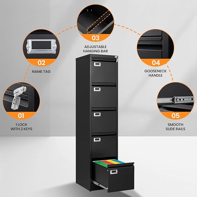 5 Drawer File Cabinet with Lock, Metal Filing Cabinets - Image 6
