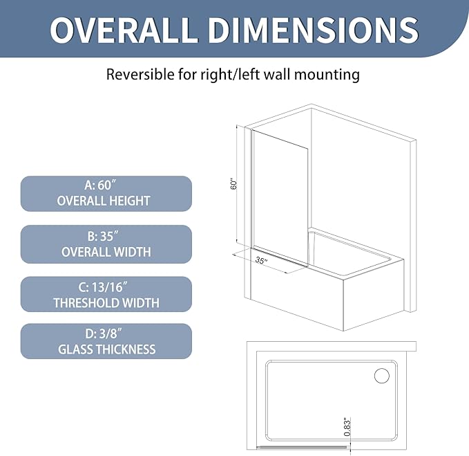 35" W x 60" H Bathtub Fixed Glass Panel, 3/8" Tempered Glass - Image 3