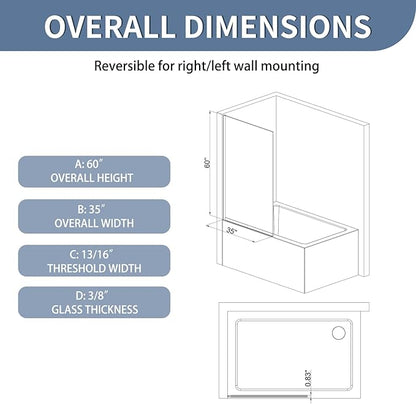 35" W x 60" H Bathtub Fixed Glass Panel, 3/8" Tempered Glass - Image 3