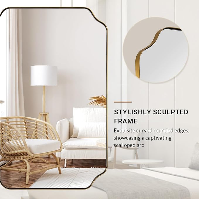 ANDY STAR 26"x38" Gold Mirror, Brushed Brass Scalloped Wall Mirror, Unique - Image 8