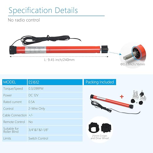 Rollerhouse DC12V ES1612 2 Wires Switch Controlled Tubular Motor Blinds - Image 2