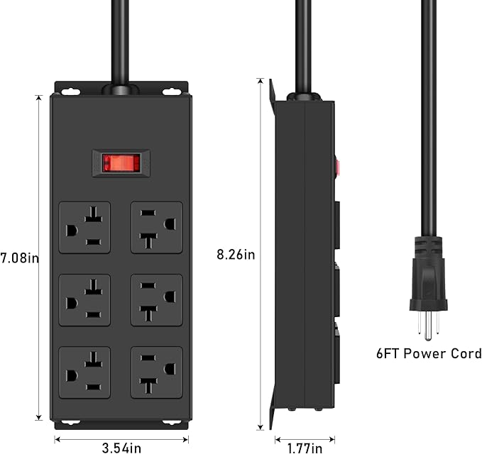JUNNUJ Heavy Duty 20 Amp Power Strip, Garage 6 Outlets Metal 12 Gauge Surge - Image 6