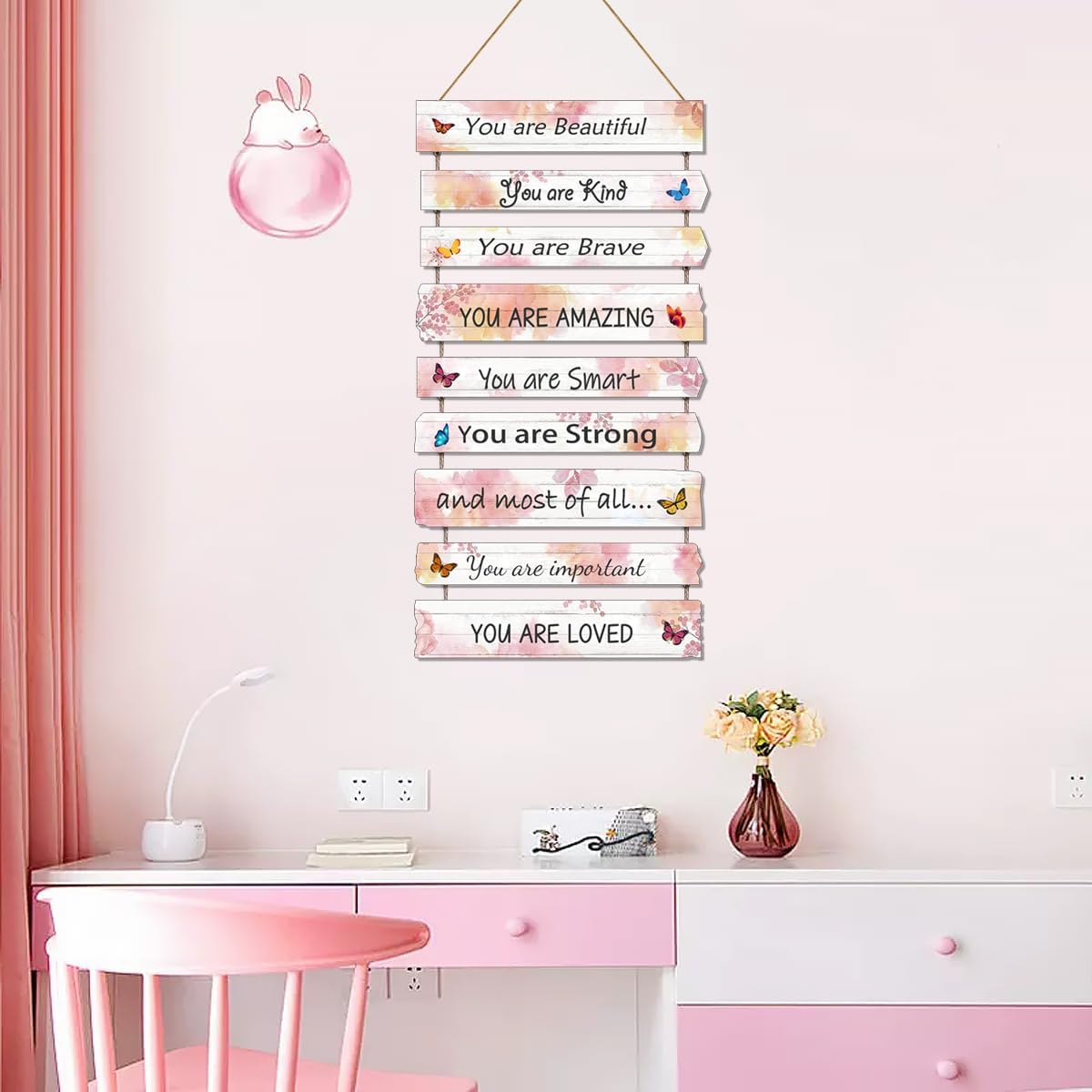 JEVUVU Butterfly Girls Room Decor, Pink Wall Decor for Baby Girl, Girl Bedroom Decor Art Signs, Trendy Stuff Decorations for Kids Nursery Bed Room Dorm Classroom Bathroom