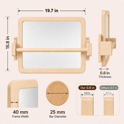 Ogears Montessori Mirror with Bar, Acrylic Baby Mirror with Pull Up Bar | Anti-rotation baby pull up bar, solid wood frame, wall-mounted, 19.7 x 15.8 in, for ages 6-18 months, standing and balance