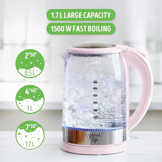 GreenLife 1.7 Liter Glass Electric Kettle, Easy One Touch Use, Quick Heating - Image 6