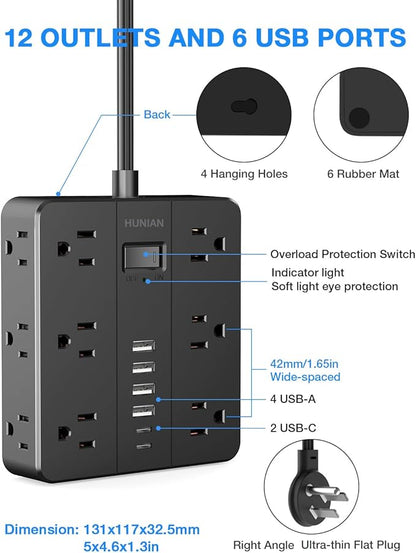 Flat Plug Power Strip Surge Protector, HUNIAN 5 Ft Extension Cord - Image 7