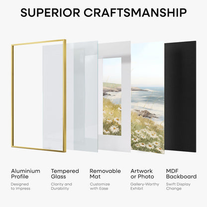 12x12 Gold Picture Frame, High-End Metal, 10x10 Mat, Glass | High End Aluminum, Tempered Glass, Acid-Free 10x10 Removable Mat, 12x12 in Edge-to-Edge Display 12x12, Wall Kit, Set Of 1