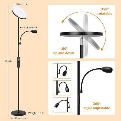 LED Torchiere Floor Lamp with Gooseneck Reading Light, Remote Control Standing - Image 6
