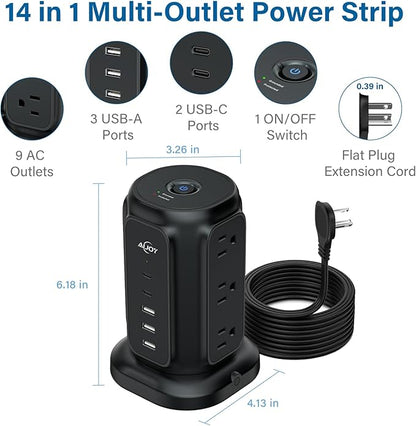 AiJoy Power Strip Tower with 9 AC Outlets and 5 USB Ports, Flat Plug 1625W - Image 2