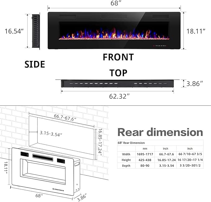 R.W.FLAME 68 inch Recessed and Wall Mounted Electric Fireplace, Ultra Thin and - Image 7