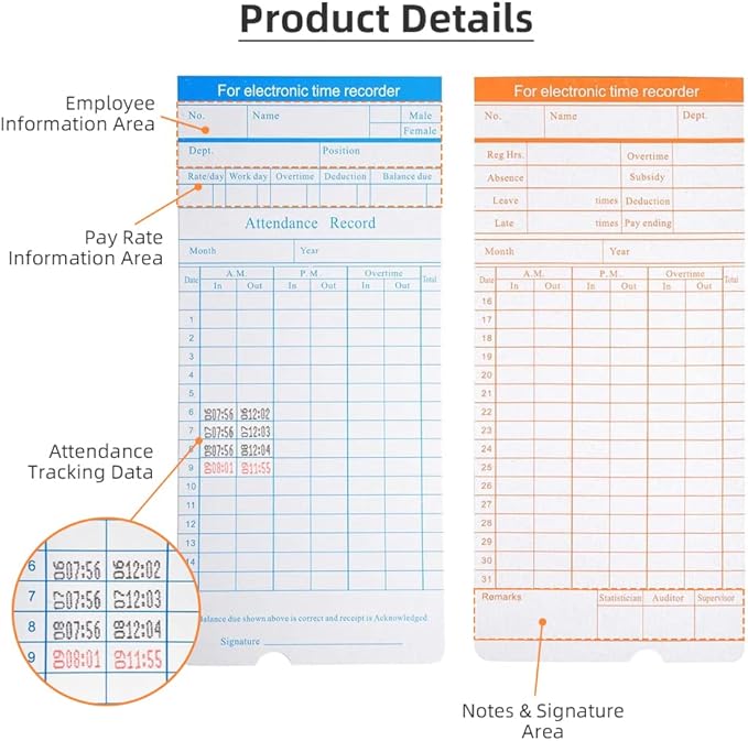 TooCust 100-Piece Time Cards for Employees, Monthly Time Cards 2-Sided - Image 6