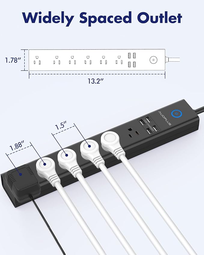 15 Ft Power Strip Surge Protector, 6 Outlets and 4 USB Ports, Flat Plug Power - Image 7