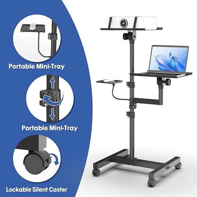 GSOW 2 Shelves Mobile Projector Stand, Rolling Laptop Stand Adjustable Height - Image 6