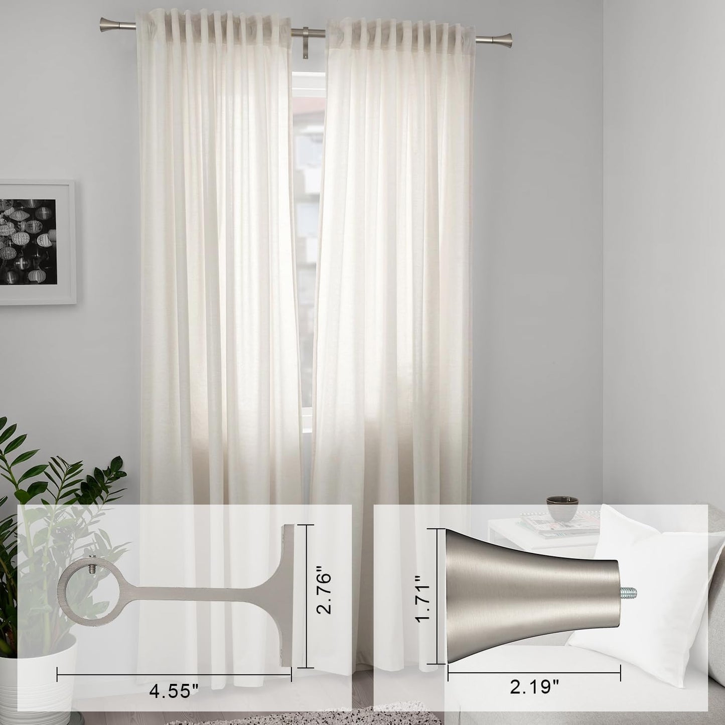 1Inch Single Curtain Rods, Decorative Drapery Rods Adjustable 84-120IN Length, With Horn Finials, Wall Mount and Ceiling Mount, Matte Nickel