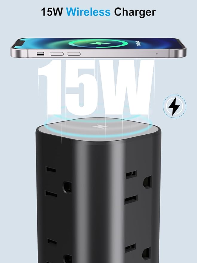 Power Strip Tower with Wireless Charger, Flat Plug Surge Protector Tower with - Image 4