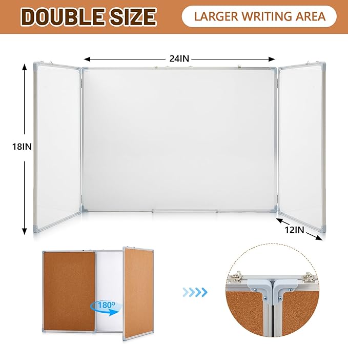 48"x18" Tri-fold Cork Board Whiteboard Combo, Foldable Combination Magnetic Dry - Image 2