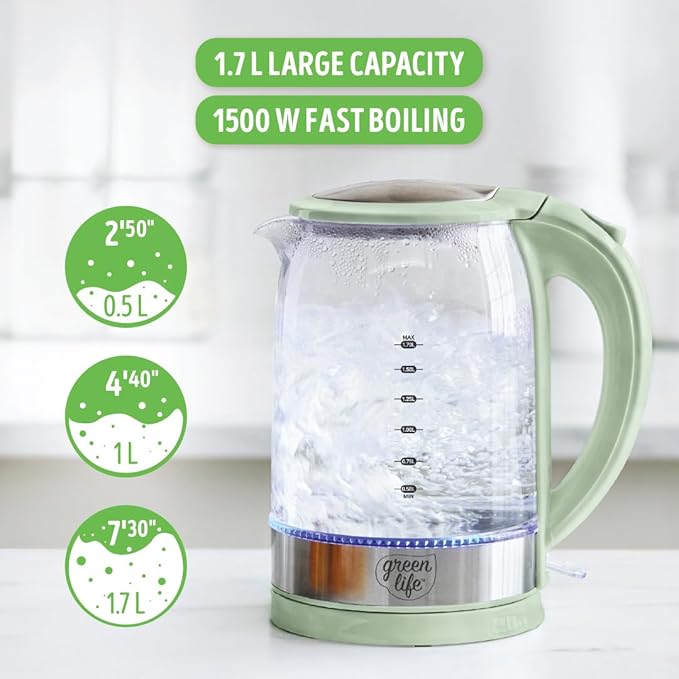 GreenLife 1.7 Liter Glass Electric Kettle, Easy One Touch Use, Quick Heating - Image 6