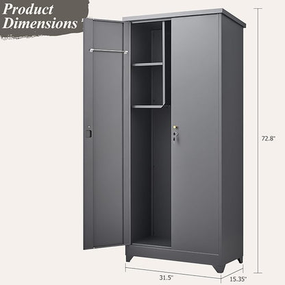 GREATMEET 72.8" Outdoor Broom Storage Cabinet, Metal Storage Cabinets - Image 2