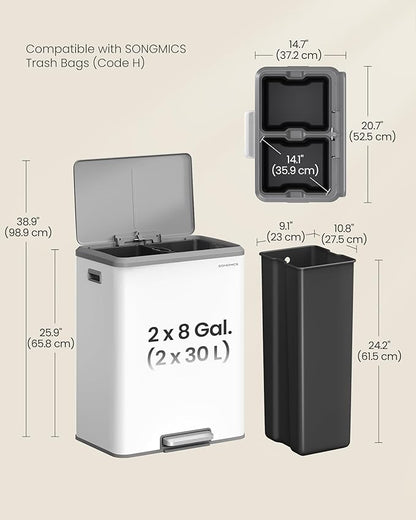 SONGMICS Trash Can, 2 x 8 Gallon Double Garabge Can - Image 6