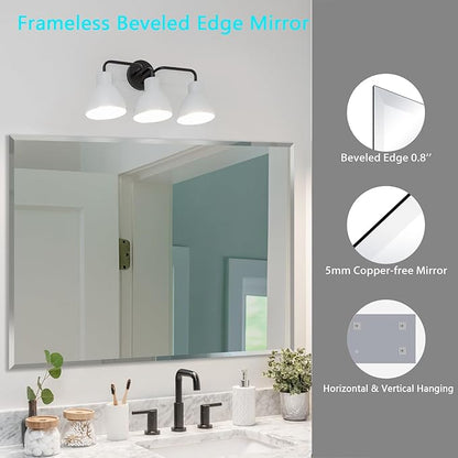 Frameless Beveled Edge Bathroom Mirror 36x24 Inch Rectangle Wall Mirror - Image 2