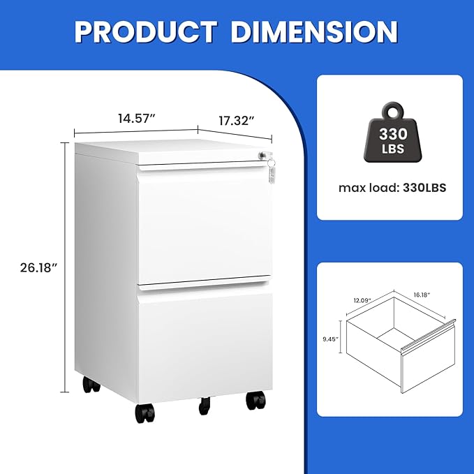 MIIIKO 2 Drawer File Cabinet on Wheels, Home Office Mobile File Drawers Under - Image 3