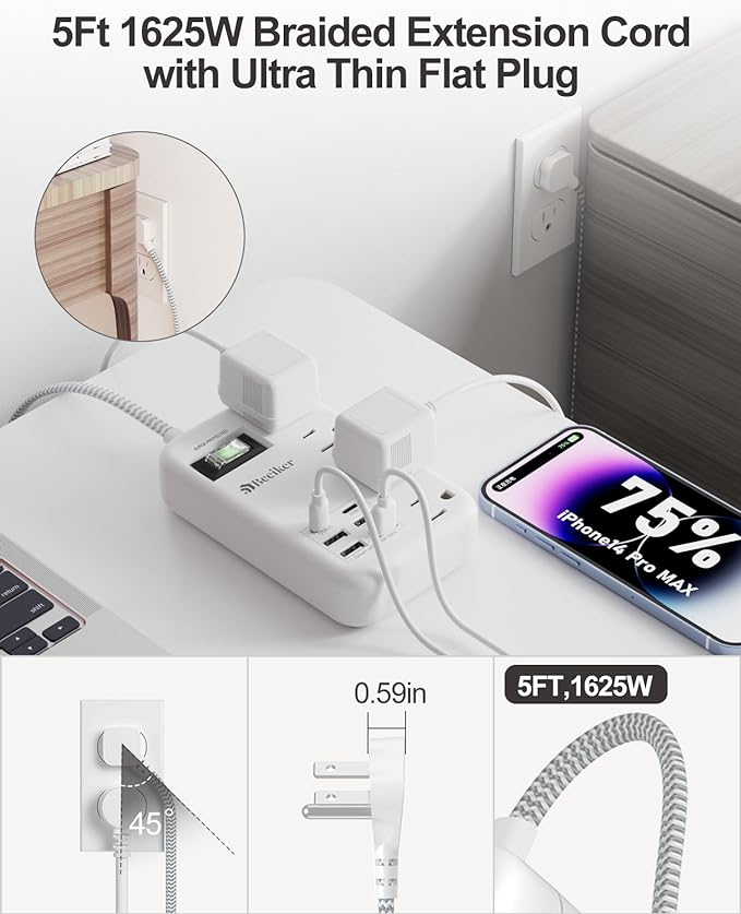 6 USB Surge Protector Power Strip- 5Ft Travel Power Strip - Image 4