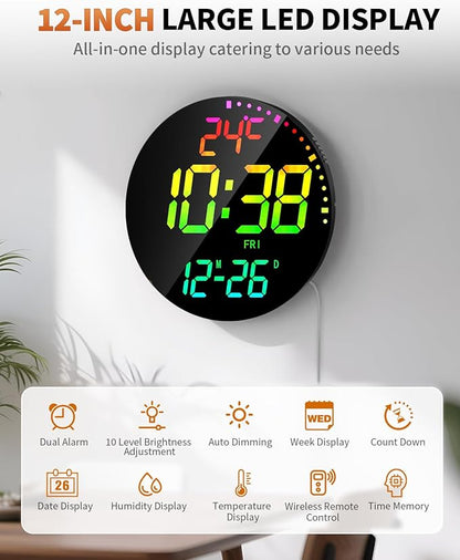 GLOKUUCA 12" Large Digital Wall Mount Clock, Count Down Timer, Big LED - Image 2