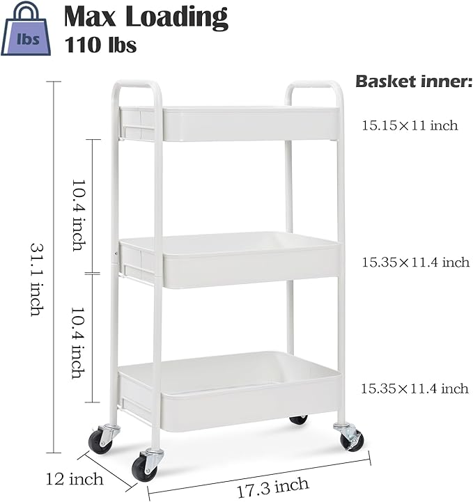 TOOLF 3-Tier Metal Rolling Cart - Image 2