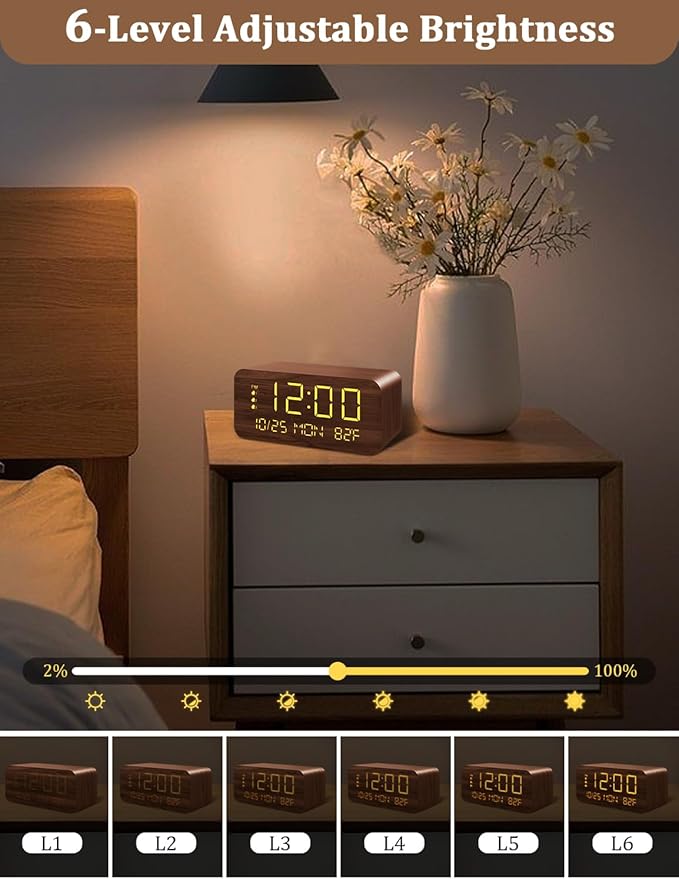 Digital Alarm Clock, with Wooden Electronic LED Time Display, 3 Alarm Settings - Image 6