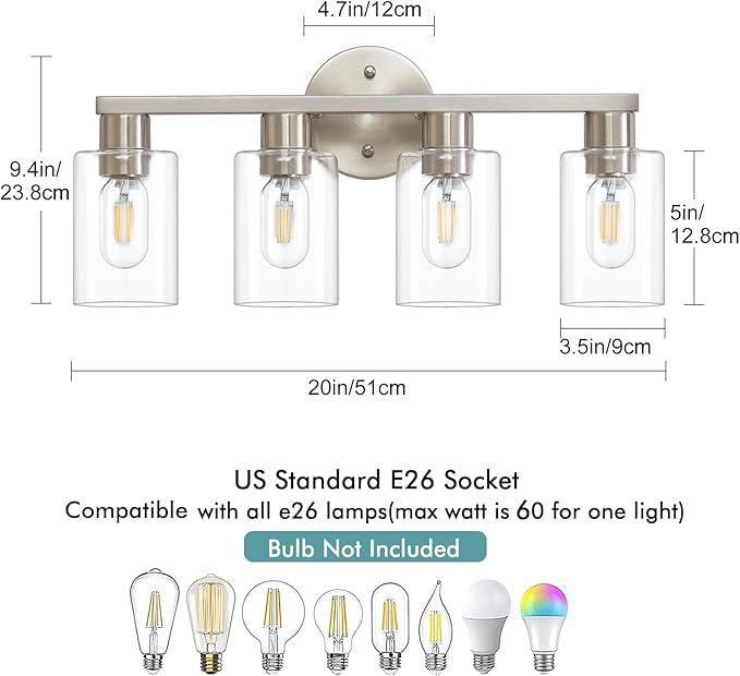 4 Light Bathroom Vanity Light, Brushed Nickel 4-Light Bathroom Light Fixtures - Image 3