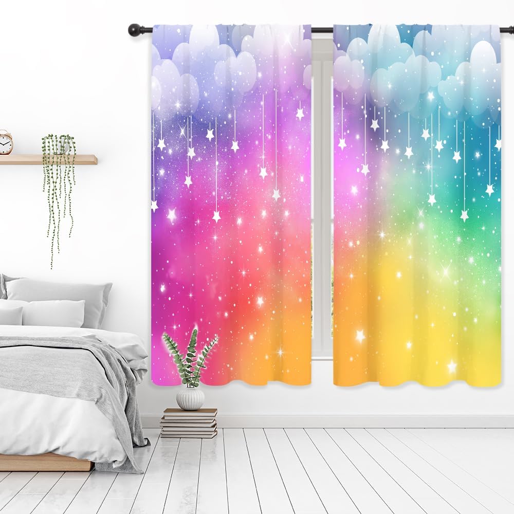 Colorful Rainbow Cloudy Aesthetic Stars Living Room Bedroom Window Curtains | 42"W x 63"L Girly Kids; colorfast print, 2 panels, rod pocket, easy to install,easy-care and washable.